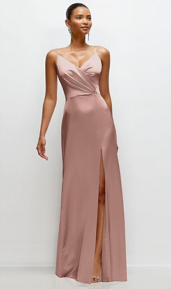 Front View - Neu Nude Pleated Faux Wrap Satin Maxi Dress with Adjustable Spaghetti Straps