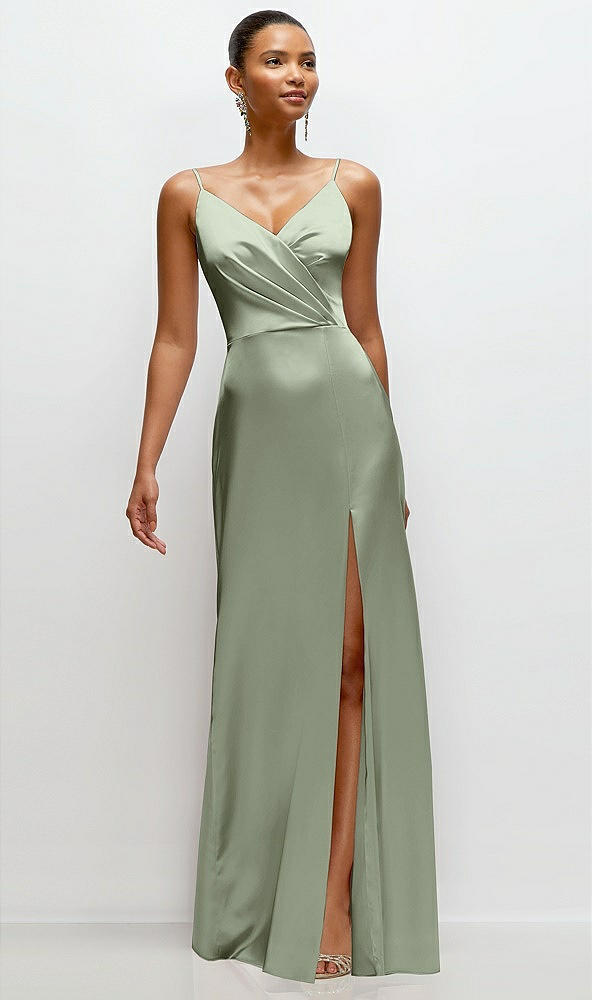Front View - Sage Pleated Faux Wrap Satin Maxi Dress with Adjustable Spaghetti Straps