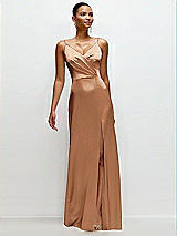 Front View Thumbnail - Toffee Pleated Faux Wrap Satin Maxi Dress with Adjustable Spaghetti Straps