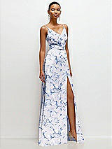 Side View Thumbnail - Magnolia Sky Floral Pleated Faux Wrap Satin Maxi Dress with Adjustable Spaghetti Straps