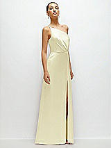 Side View Thumbnail - Butter Yellow Pleated One-Shoulder Satin Maxi Dress with A-Line Skirt