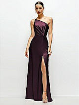 Front View Thumbnail - Deep Plum Pleated One-Shoulder Satin Maxi Dress with A-Line Skirt