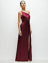 Side View Thumbnail - Cabernet Pleated One-Shoulder Satin Maxi Dress with A-Line Skirt