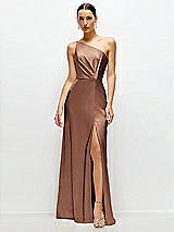 Front View Thumbnail - Cognac Pleated One-Shoulder Satin Maxi Dress with A-Line Skirt