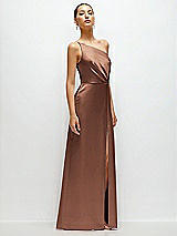 Side View Thumbnail - Cognac Pleated One-Shoulder Satin Maxi Dress with A-Line Skirt