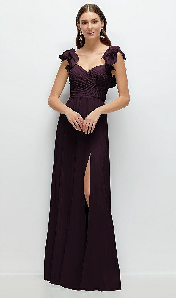 Front View - Deep Plum Dramatic Ruffle Edge Strap Chiffon Maxi Dress