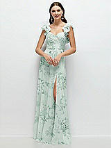 Front View Thumbnail - Mint Green Floral Dramatic Ruffle Edge Strap Chiffon Maxi Dress