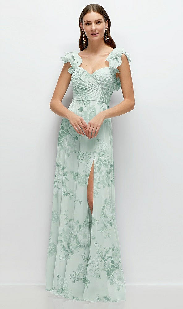 Front View - Mint Green Floral Dramatic Ruffle Edge Strap Chiffon Maxi Dress