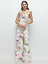 Front View Thumbnail - Butterfly Botanica Ivory Dramatic Ruffle Edge Strap Chiffon Maxi Dress