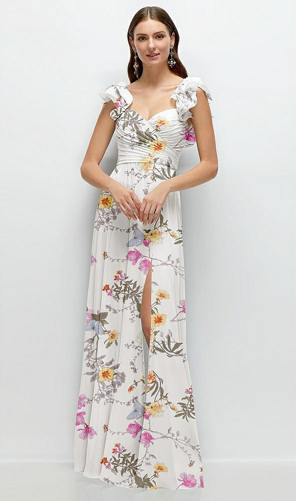 Front View - Butterfly Botanica Ivory Dramatic Ruffle Edge Strap Chiffon Maxi Dress
