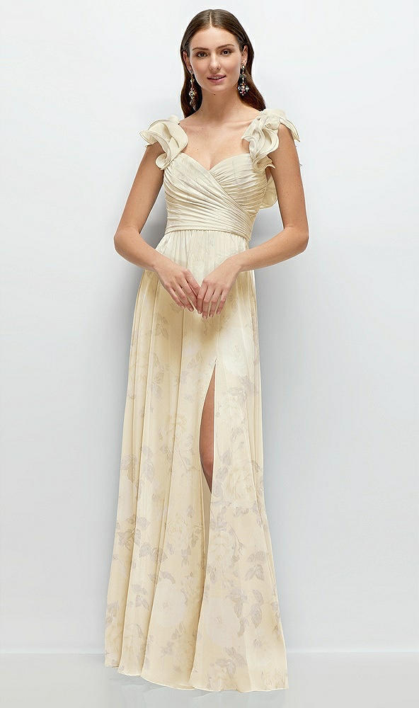 Front View - Butter Yellow Floral Dramatic Ruffle Edge Strap Chiffon Maxi Dress
