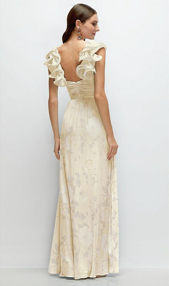Back View - Butter Yellow Floral Dramatic Ruffle Edge Strap Chiffon Maxi Dress