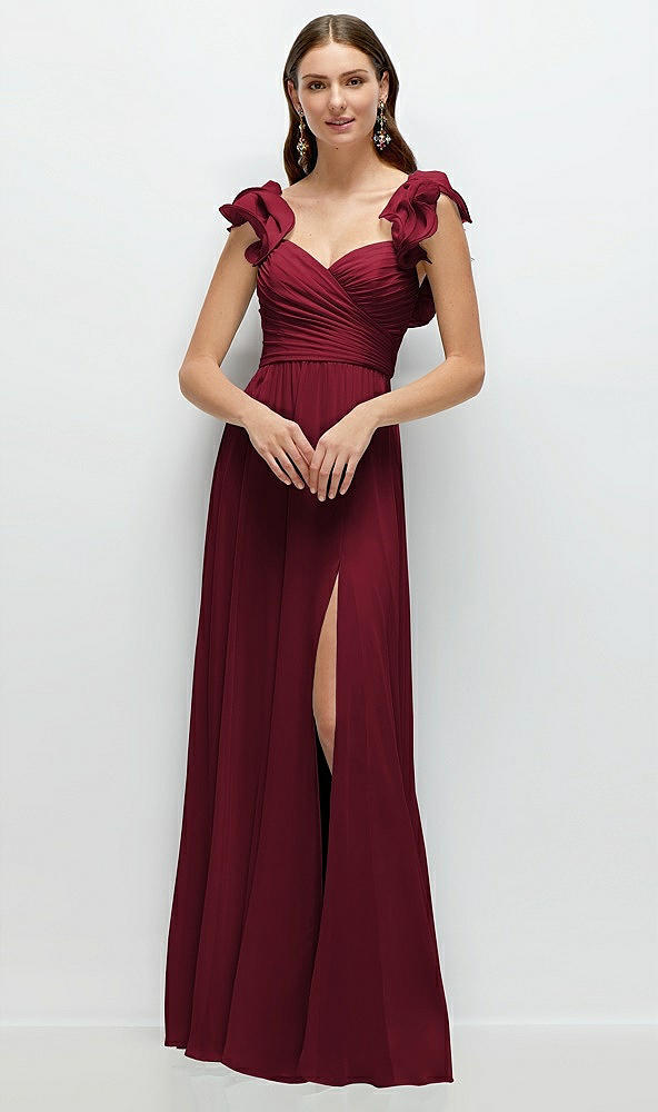 Front View - Burgundy Dramatic Ruffle Edge Strap Chiffon Maxi Dress