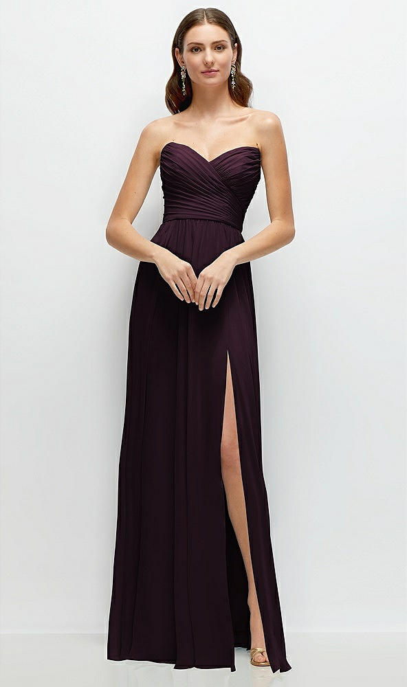 Front View - Deep Plum Strapless Pleated Surplice Chiffon Maxi Dress with A-Line Skirt