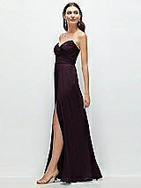 Side View Thumbnail - Deep Plum Strapless Pleated Surplice Chiffon Maxi Dress with A-Line Skirt
