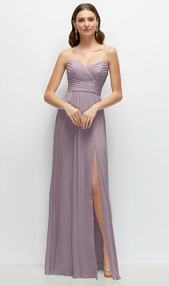 Front View - Lilac Dusk Strapless Pleated Surplice Chiffon Maxi Dress with A-Line Skirt