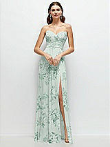 Front View Thumbnail - Mint Green Floral Strapless Pleated Surplice Chiffon Maxi Dress with A-Line Skirt