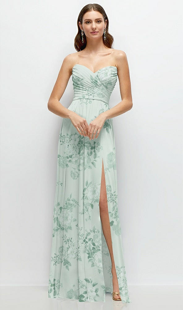 Front View - Mint Green Floral Strapless Pleated Surplice Chiffon Maxi Dress with A-Line Skirt