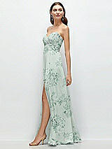 Side View Thumbnail - Mint Green Floral Strapless Pleated Surplice Chiffon Maxi Dress with A-Line Skirt