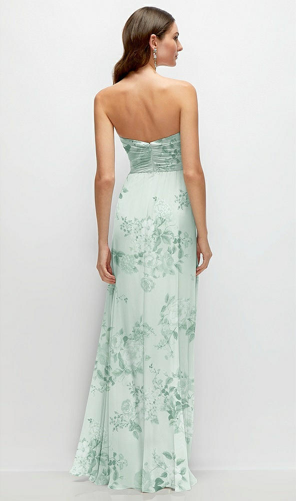 Back View - Mint Green Floral Strapless Pleated Surplice Chiffon Maxi Dress with A-Line Skirt