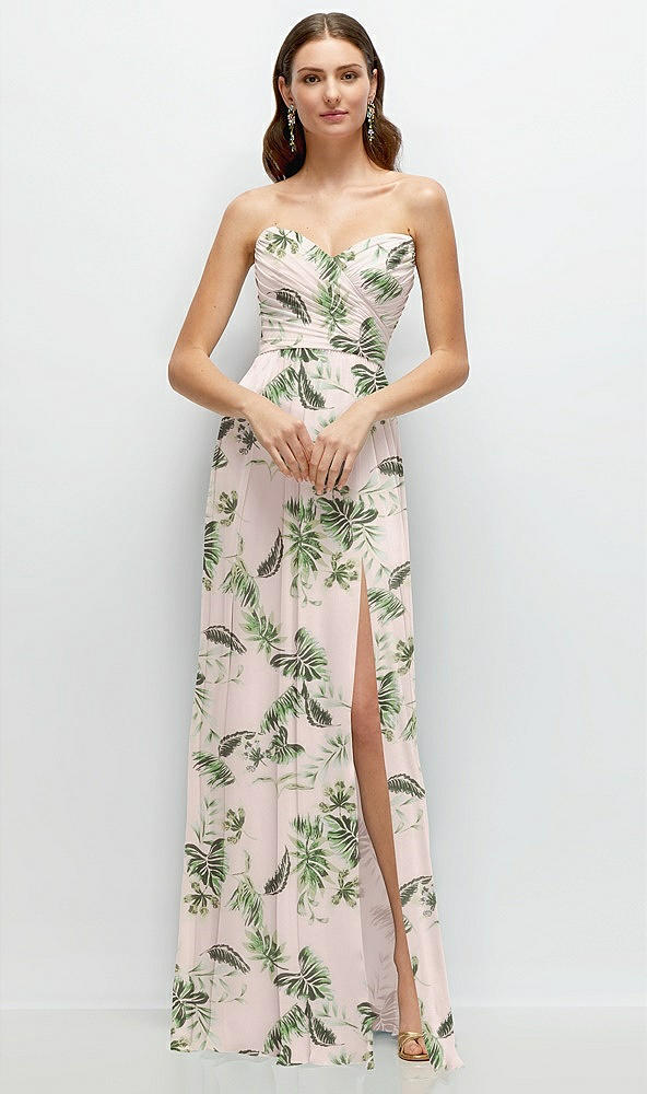 Front View - Palm Beach Print Strapless Pleated Surplice Chiffon Maxi Dress with A-Line Skirt