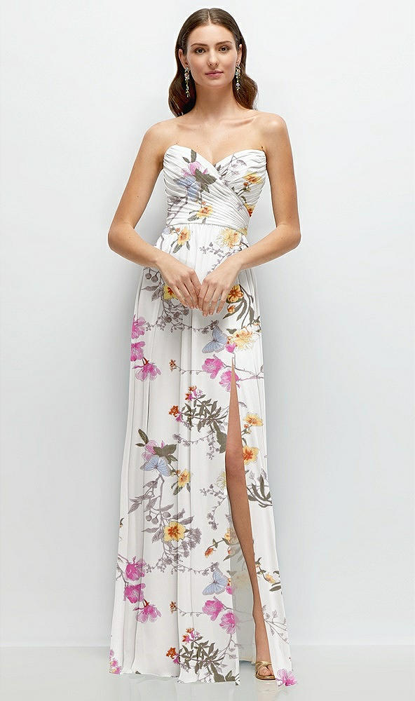 Front View - Butterfly Botanica Ivory Strapless Pleated Surplice Chiffon Maxi Dress with A-Line Skirt