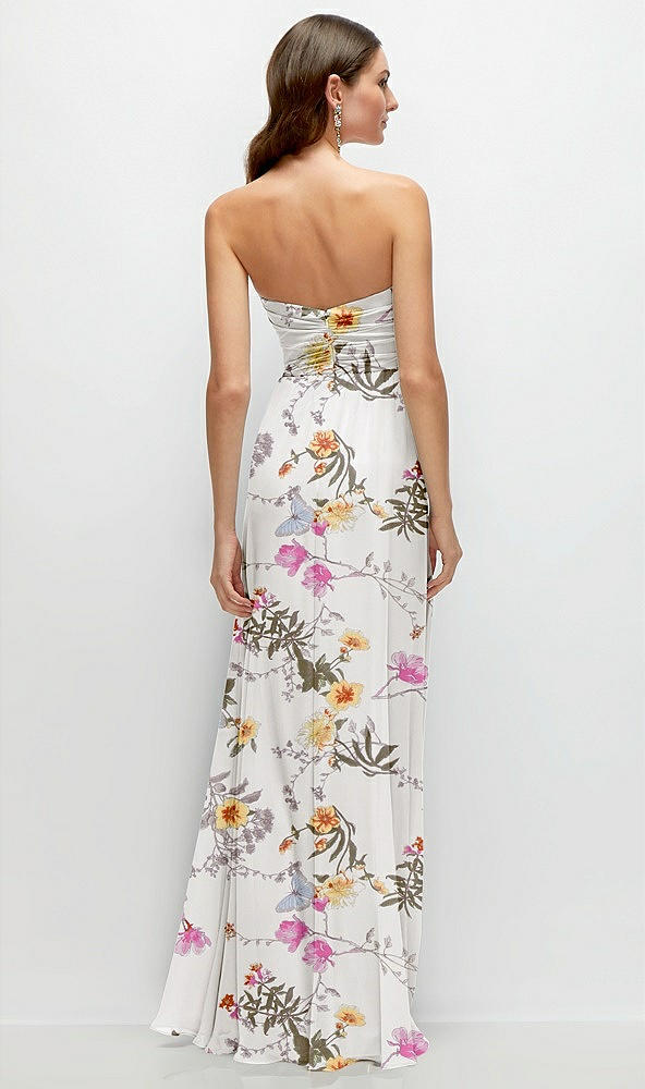 Back View - Butterfly Botanica Ivory Strapless Pleated Surplice Chiffon Maxi Dress with A-Line Skirt
