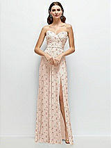 Front View Thumbnail - Coquette Floral Print Strapless Pleated Surplice Chiffon Maxi Dress with A-Line Skirt