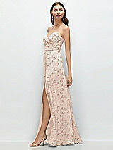 Side View Thumbnail - Coquette Floral Print Strapless Pleated Surplice Chiffon Maxi Dress with A-Line Skirt