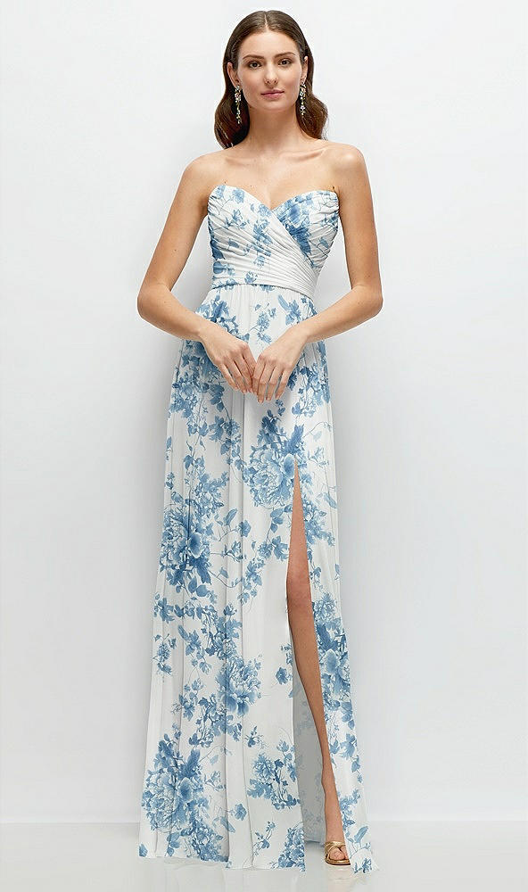 Front View - Cottage Rose Dusk Blue Strapless Pleated Surplice Chiffon Maxi Dress with A-Line Skirt