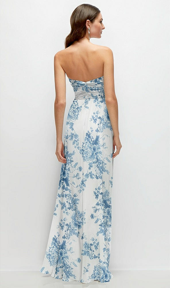 Back View - Cottage Rose Dusk Blue Strapless Pleated Surplice Chiffon Maxi Dress with A-Line Skirt