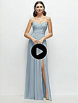 Video 1 Thumbnail - Mint Green Floral Strapless Pleated Surplice Chiffon Maxi Dress with A-Line Skirt