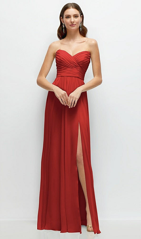 Front View - Poppy Red Strapless Pleated Surplice Chiffon Maxi Dress with A-Line Skirt