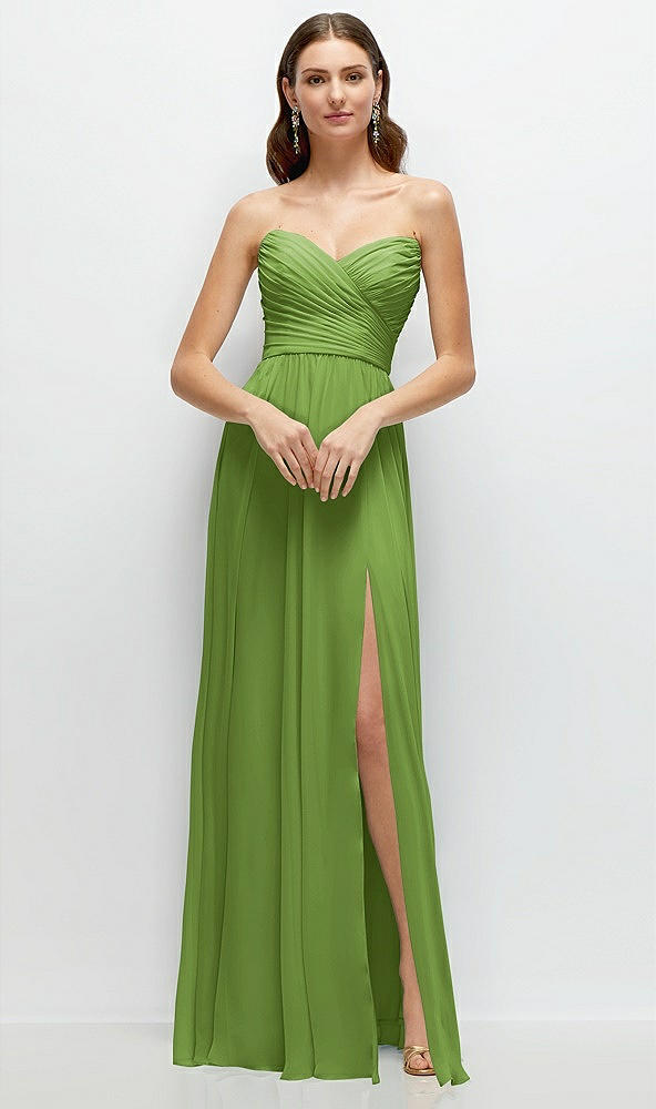 Front View - Peridot Green Strapless Pleated Surplice Chiffon Maxi Dress with A-Line Skirt