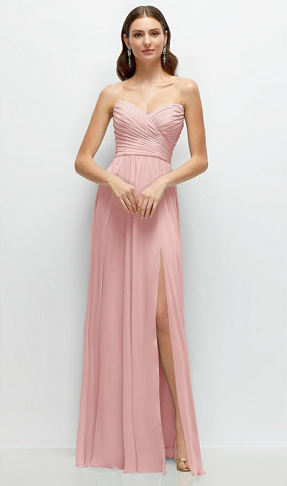 Front View - Rose Strapless Pleated Surplice Chiffon Maxi Dress with A-Line Skirt