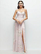 Front View Thumbnail - Watercolor Print Strapless Pleated Surplice Chiffon Maxi Dress with A-Line Skirt