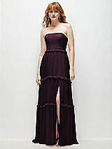 Front View Thumbnail - Deep Plum Strapless Chiffon Maxi Dress with Tiered Micro Ruffle Full Skirt
