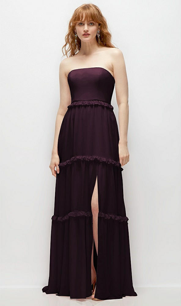 Front View - Deep Plum Strapless Chiffon Maxi Dress with Tiered Micro Ruffle Full Skirt