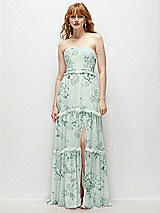 Front View Thumbnail - Mint Green Floral Strapless Chiffon Maxi Dress with Tiered Micro Ruffle Full Skirt