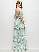 Rear View Thumbnail - Mint Green Floral Strapless Chiffon Maxi Dress with Tiered Micro Ruffle Full Skirt