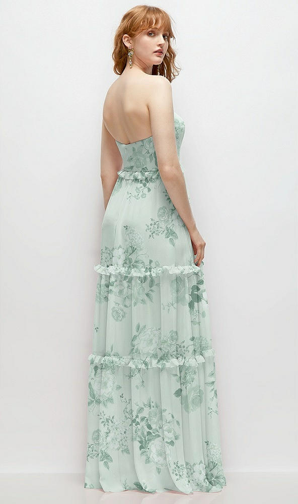 Back View - Mint Green Floral Strapless Chiffon Maxi Dress with Tiered Micro Ruffle Full Skirt