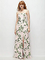 Front View Thumbnail - Palm Beach Print Strapless Chiffon Maxi Dress with Tiered Micro Ruffle Full Skirt