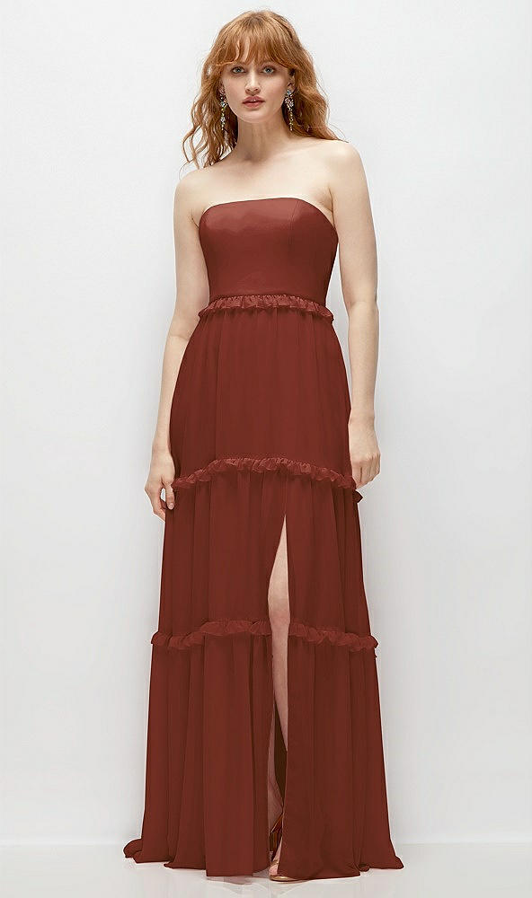 Front View - Auburn Moon Strapless Chiffon Maxi Dress with Tiered Micro Ruffle Full Skirt
