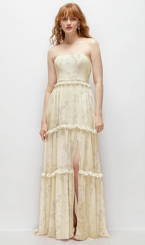 Front View - Butter Yellow Floral Strapless Chiffon Maxi Dress with Tiered Micro Ruffle Full Skirt