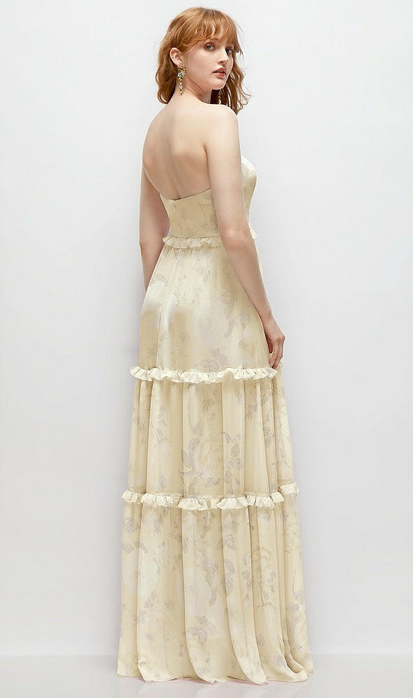 Back View - Butter Yellow Floral Strapless Chiffon Maxi Dress with Tiered Micro Ruffle Full Skirt