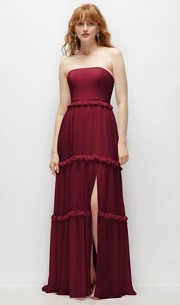 Front View - Burgundy Strapless Chiffon Maxi Dress with Tiered Micro Ruffle Full Skirt