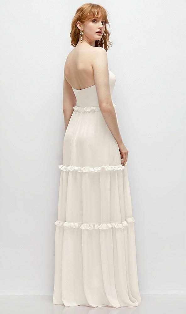 Back View - Ivory Strapless Chiffon Maxi Dress with Tiered Micro Ruffle Full Skirt