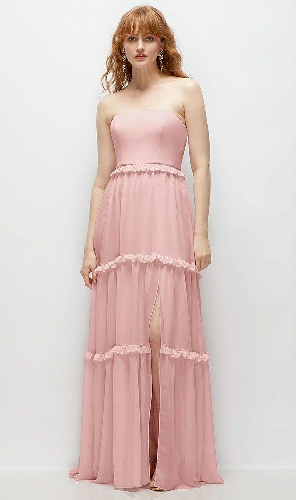 Front View - Rose Strapless Chiffon Maxi Dress with Tiered Micro Ruffle Full Skirt