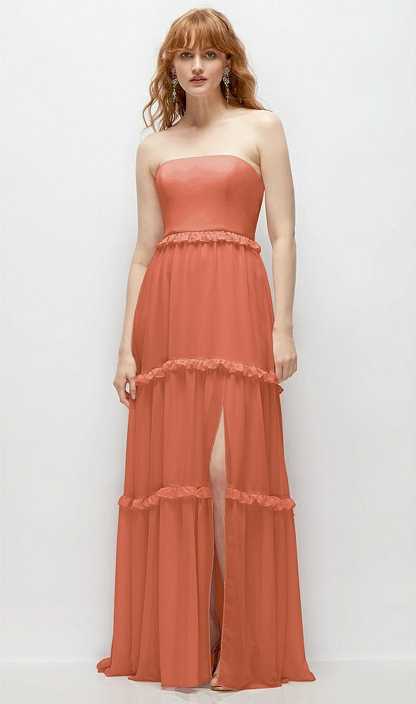 Front View - Terracotta Copper Strapless Chiffon Maxi Dress with Tiered Micro Ruffle Full Skirt
