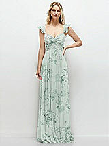 Front View Thumbnail - Mint Green Floral Convertible Ruffle Strap Chiffon Maxi Dress with Full Circle Skirt